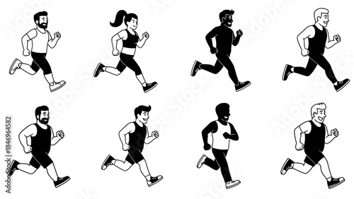 Running people black and white silhouette set isolated on white background featuring men and women jogging in various athletic poses and body types