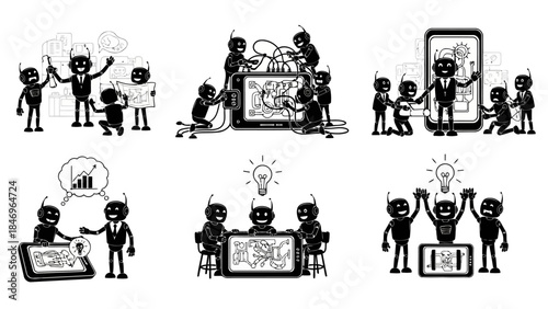 Robots working together on innovation and strategy development black and white vector set, artificial intelligence business collaboration in technology industry