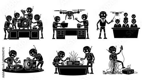 Robots performing various technical tasks and manufacturing processes black and white vector set, artificial intelligence working on industrial and creative projects