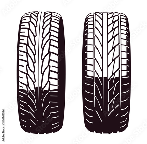 Detailed monochrome illustration of two car tires with unique tread patterns on white background