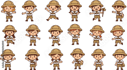 Vector Set of Cute Cartoon Children Safari Explorers; Kids Wearing Khaki Outfits, Pith Helmets, and Backpacks for Adventure and Scout Design
