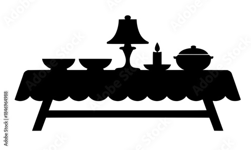 Dining table silhouette with lamp and tableware, black dinner party table setting with candle and bowls, minimalist furniture icon for restaurant or home interior, banquet table
