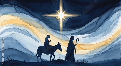 Watercolor illustration of pregnant Mary on a donkey led by Joseph, glowing cross star above, Christmas theme