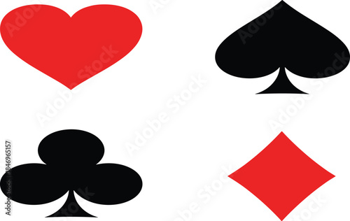 Vector Set of Traditional Playing Card Suits Symbols; Isolated Heart, Spade, Club, and Diamond Icons for Casino and Gambling Design