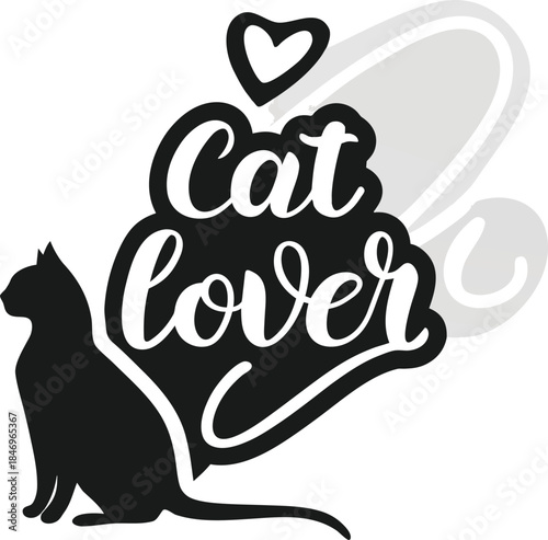 Black cat silhouette with cat lover text and heart