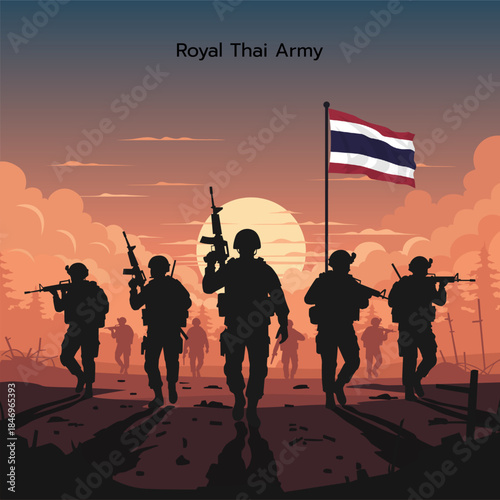 Silhouettes of Royal Thai Army soldiers marching in a dramatic sunset scene, featuring the Thailand flag and text. A powerful vector illustration for military.