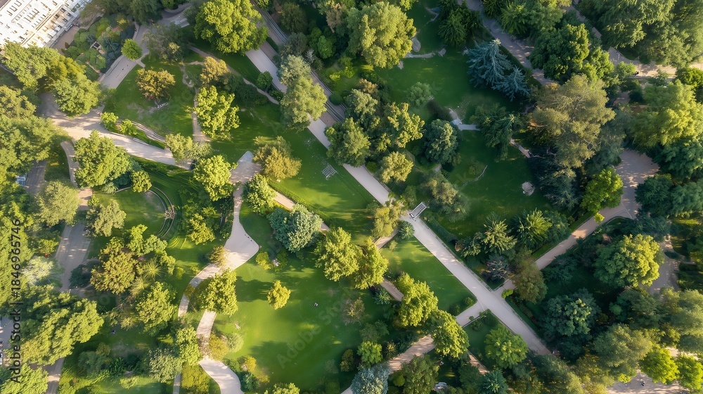 Fototapeta premium Walking paths in a public park with trees and grass in a city area during the day