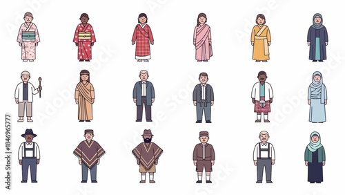 Illustrations of people in diverse traditional world clothing