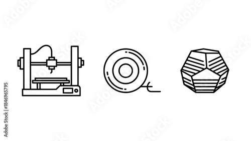 Three line icons: lathe machine, thread spool, faceted geometric polyhedron - vector outline icons