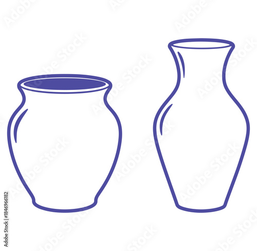 Two blue outlined ceramic vases isolated on white background for decoration and design