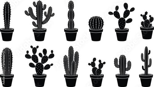 Potted cactus silhouette collection, desert succulent plants set, minimalist botanical black icons, modern home decor illustration isolated