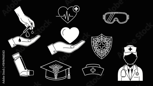 Medical icons collection on black background depicting essential healthcare elements syringe heart nurse cap doctor and shield for health concept