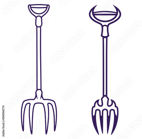 Two line art illustrations of garden tools featuring pitchfork and scoop designs