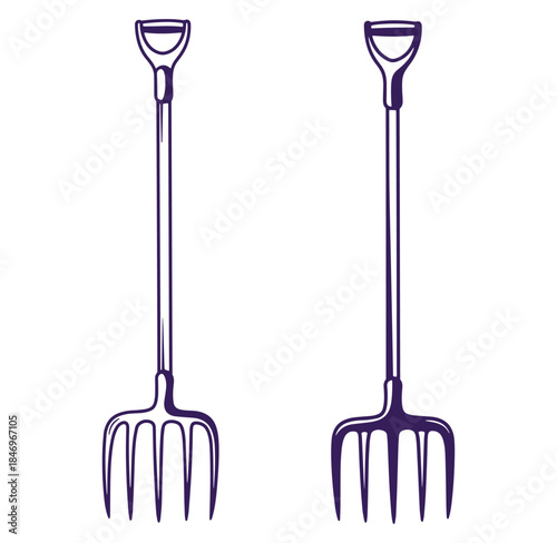 Two purple outline illustrations of pitchforks for agricultural farming and gardening purposes