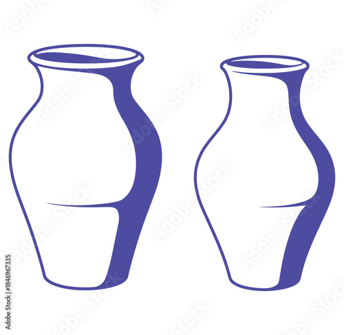 Two stylized blue and white vases arranged symmetrically on a clean white background.