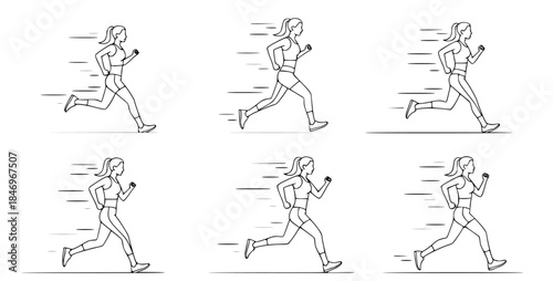Dynamic illustrations of female runners in motion, showcasing fitness and active lifestyle through various running poses and speed effects