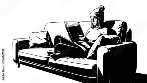 Person Reading Book On Sofa, Black & White Flat Design