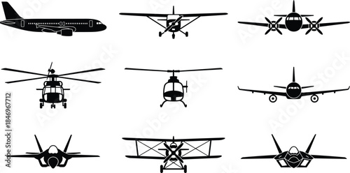 Aircraft and helicopter silhouette set, different airplane types collection, aviation transport icons, black vector illustration isolated on white background