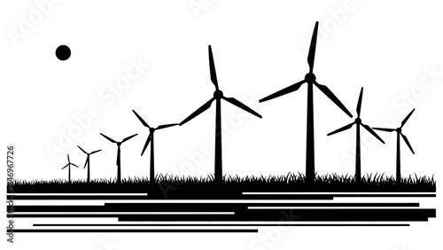 Wind Turbine Illustration, Black & White, Clean Energy