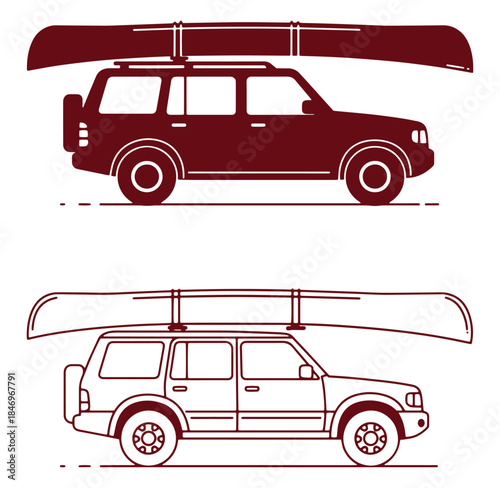 Vector illustration of a maroon suv with canoe on roof ready for outdoor adventure.