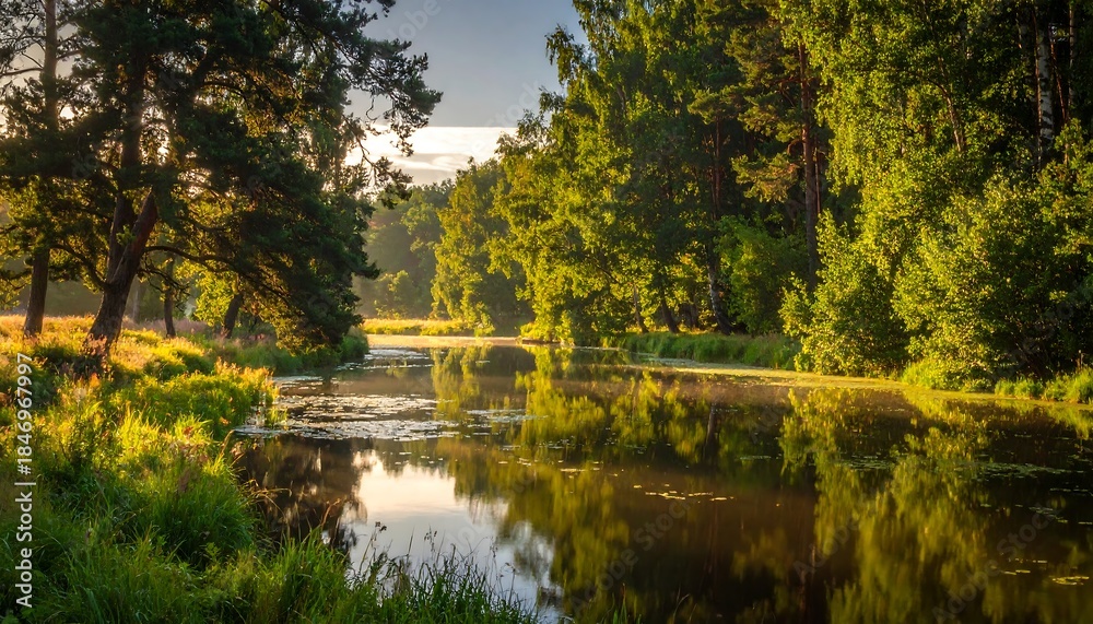 Fototapeta premium Serene River Winding Through Lush Forest.