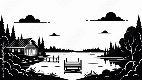 Tranquil Lakeside Cabin - Black & White Flat Design