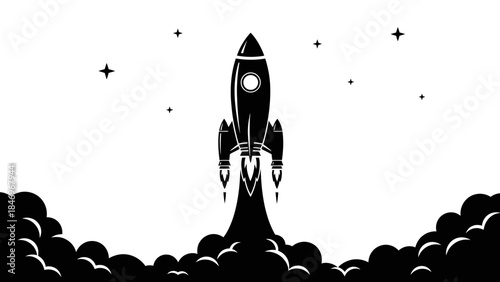 Rocket Launch in Space - B&W Flat Design