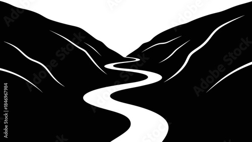 Winding Black-and-White River Valley Flat Design
