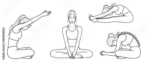 Collection of diverse yoga poses for stretching and relaxation, promoting wellness and flexibility through seated exercises for a balanced lifestyle