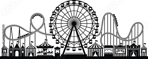 Amusement park skyline silhouette illustration, ferris wheel roller coaster carnival rides scene, funfair entertainment concept, black vector artwork isolated