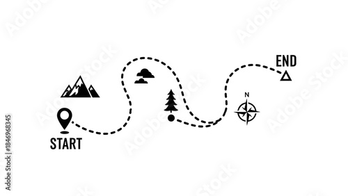 Dashed Travel Route Map, Black & White Flat Design