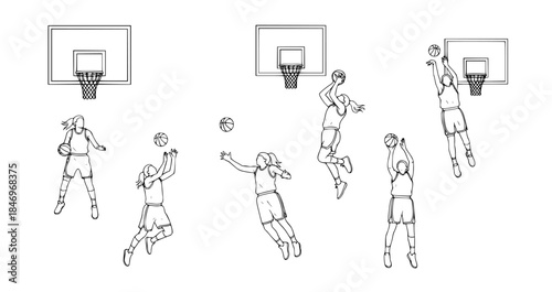 Dynamic vector illustration set showcasing female basketball players performing various actions on the court, ideal for sports concept designs