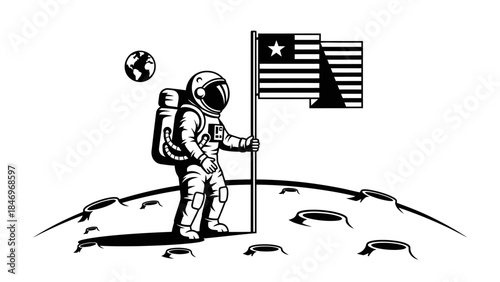Astronaut Planting Flag on Moon - BW Flat Design