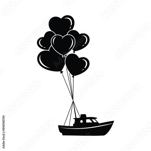 Monochrome silhouette of a small motorboat being lifted or attached to a large bunch of heart shaped balloons.