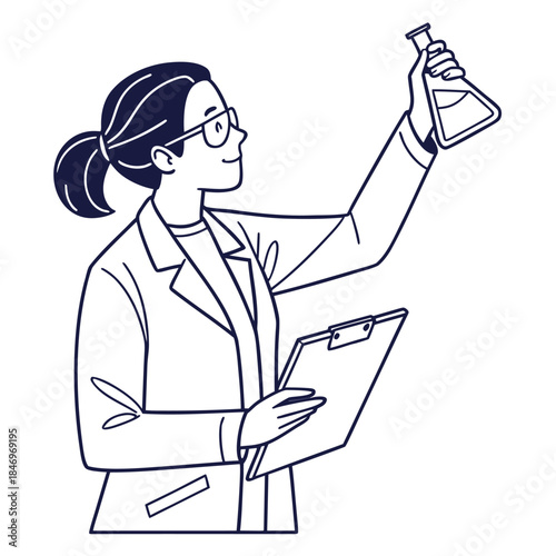 Young scientist observes liquid inside flask while holding clipboard in a minimalist outline