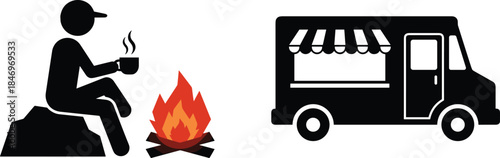 Camping and food truck silhouette icons set, traveler drinking coffee by campfire, mobile street food concept illustration isolated