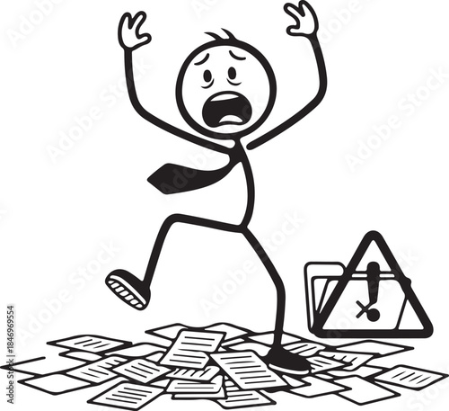 Stressed stick figure businessman overwhelmed by paperwork and warning sign