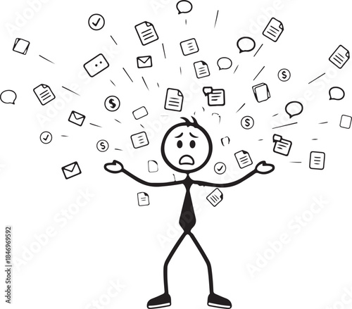 Overwhelmed stick figure man juggling too many documents and information icons, feeling stressed and confused