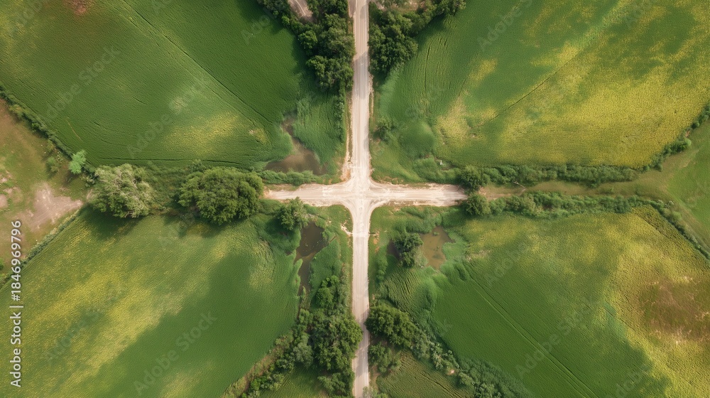 Fototapeta premium Intersection of dirt roads among green fields in rural landscape during daylight