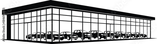 Car showroom silhouette illustration, modern auto dealership building, glass architecture with vehicles, black vector icon isolated on white background