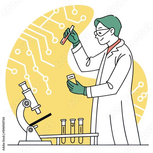 Young chemist holding test tubes mixes solutions near microscope in laboratory experiment