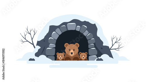 A family of brown bears emerges from their cozy cave during the winter season, showcasing a heartwarming wildlife scene.