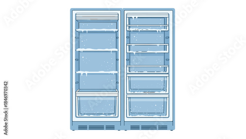 An open refrigerator is heavily frosted with ice buildup on shelves and interior walls, indicating a potential malfunction.