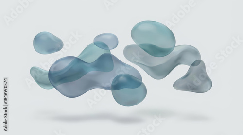 Dynamic Transparent Blue and Grey Liquid Blobs Floating on a White Background
