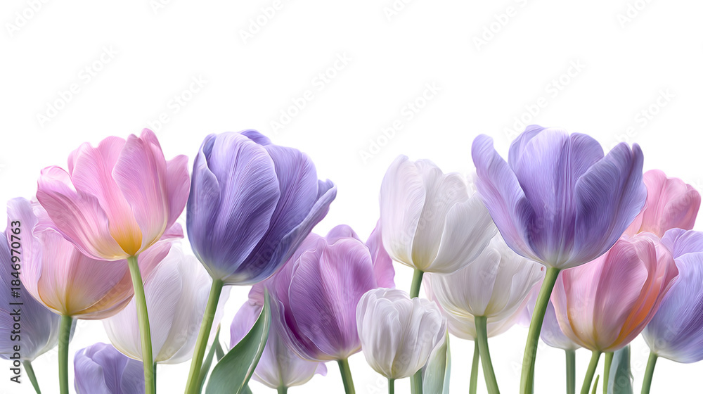 Fototapeta premium Vibrant tulips in pastel shades on transparent background