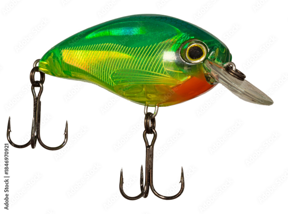 Fototapeta premium Green, yellow and orange casting crankbait for fishing isolated on a transparent png background