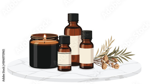 Aromatic wellness products including essential oils and a burning candle are arranged on a marble surface for relaxation and self-care.
