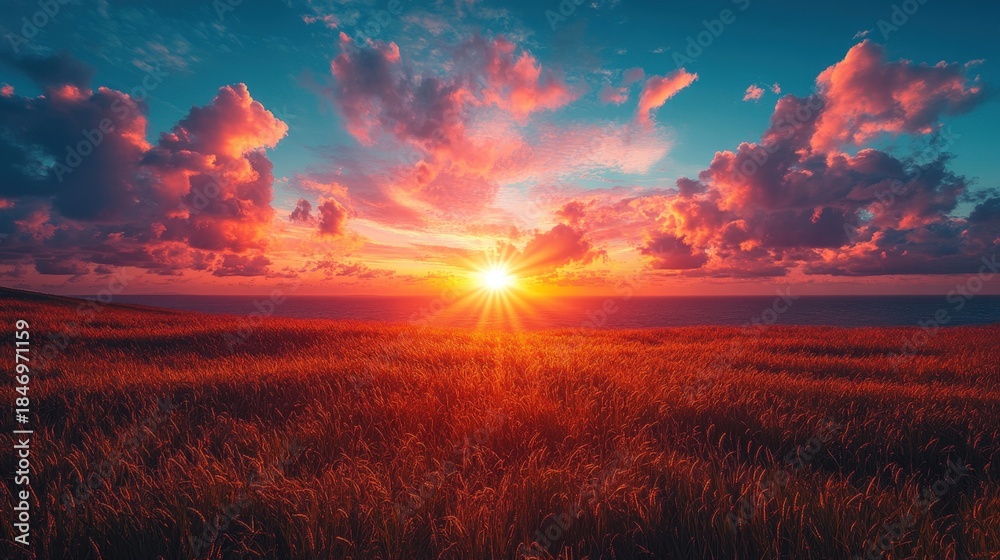 Fototapeta premium A colorful sunrise illuminates a field of tall grass, showcasing a vivid sky with pink and blue tones.