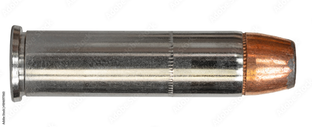Naklejka premium Nickel-plated 357 magnum cartridge with a hollow point bullet isolated on a transparent png background
