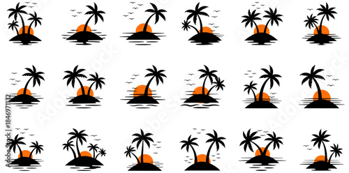 Tropical Paradise: A stunning collection of tranquil scenes with silhouettes of palm trees and a vibrant sunset, evokes a sense of escape and serene.